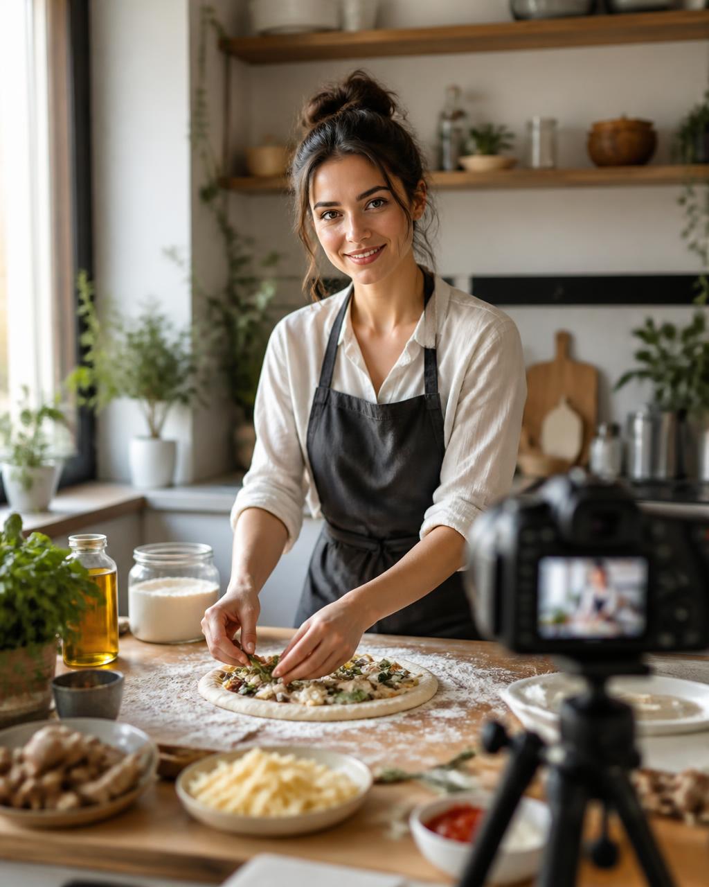 Food content creator filming a cooking video with a camera on a tripod in a warm kitchen